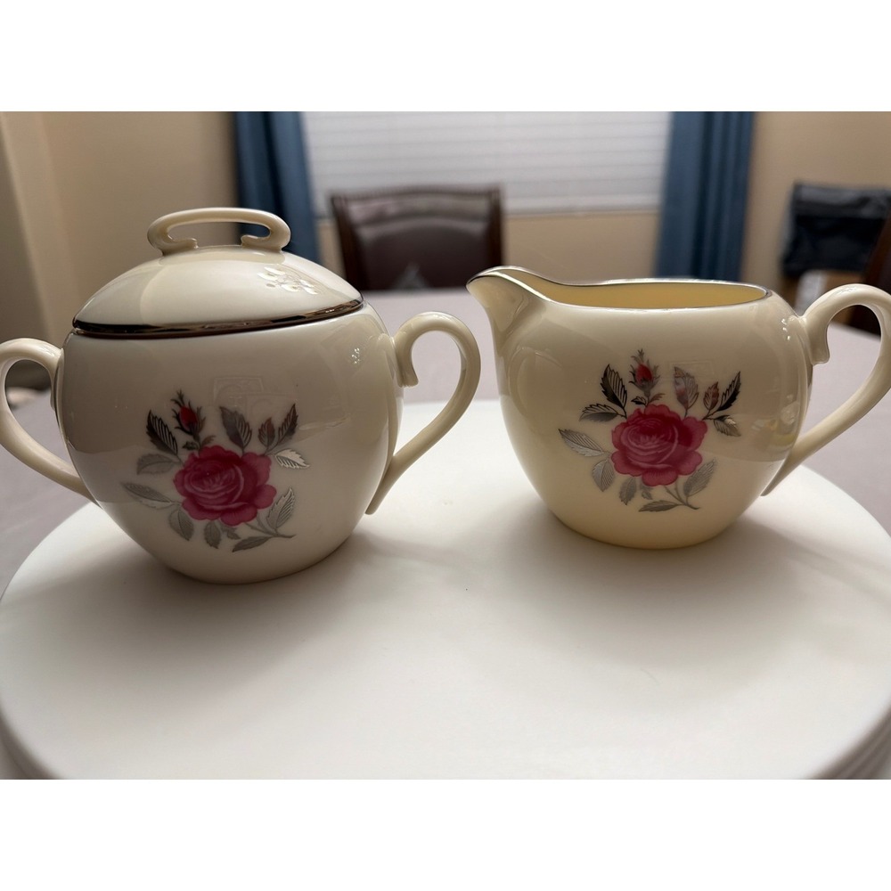 Lenox Ballad Cream and Sugar Set Ivory China Pink Rose Platinum Trim USA
